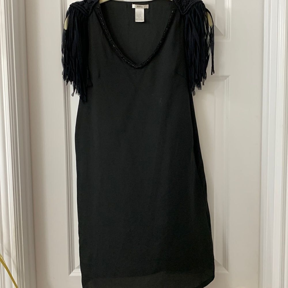 Easley Size Small beaded v neck dress with fringed shoulder detail